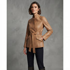 Women's Belted Camel Leather Blazer