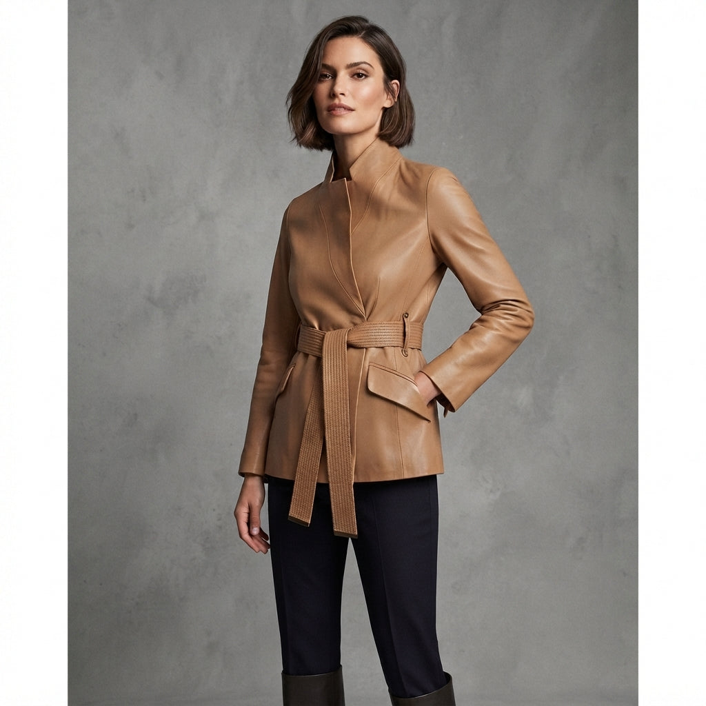 Women's Belted Camel Leather Blazer