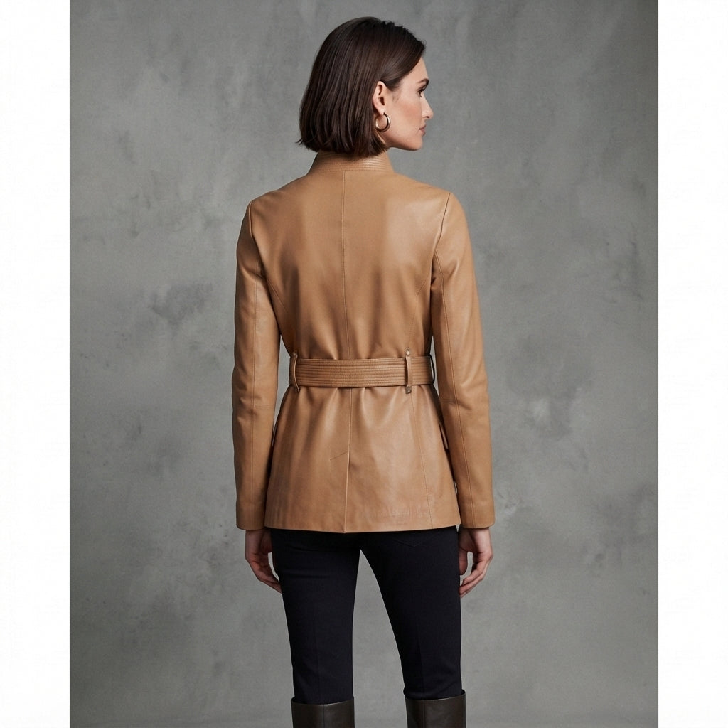 Women's Belted Camel Leather Blazer