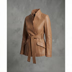 Women's Belted Camel Leather Blazer