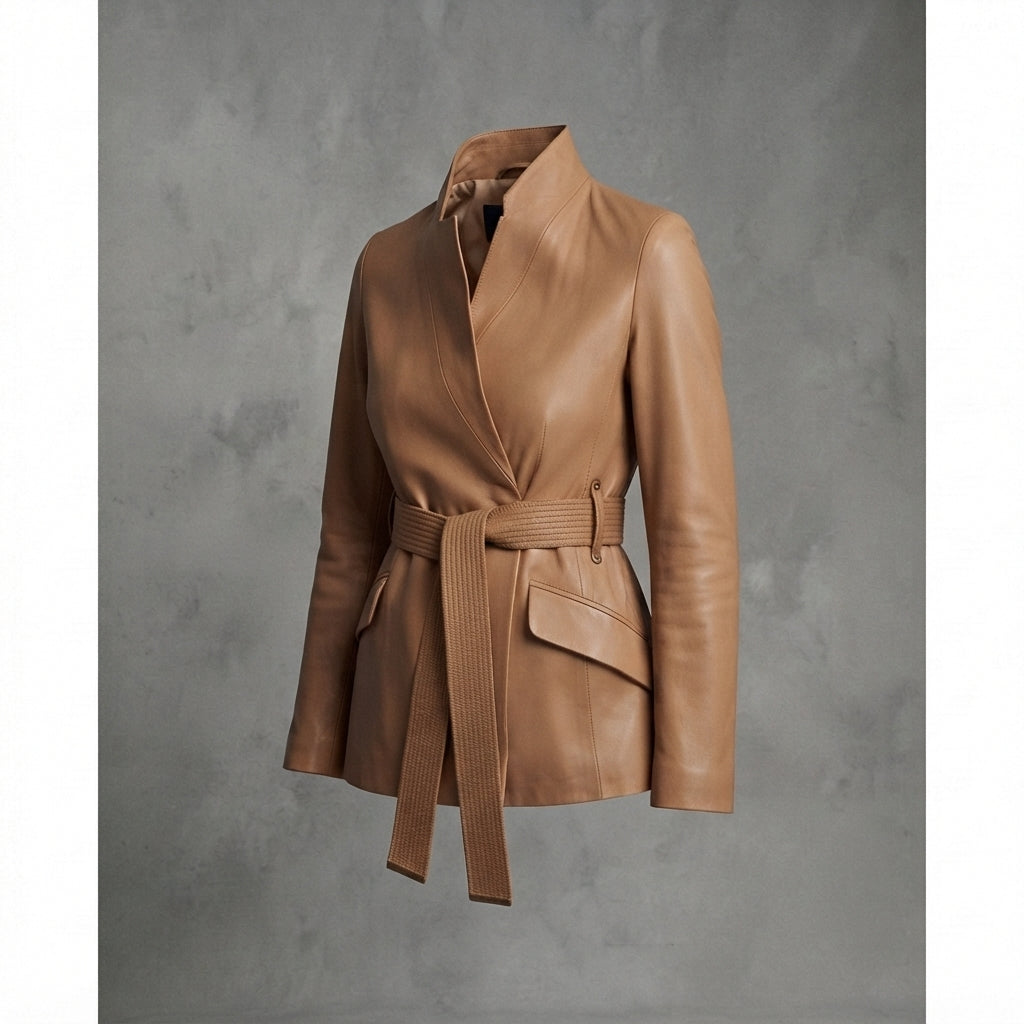 Women's Belted Camel Leather Blazer