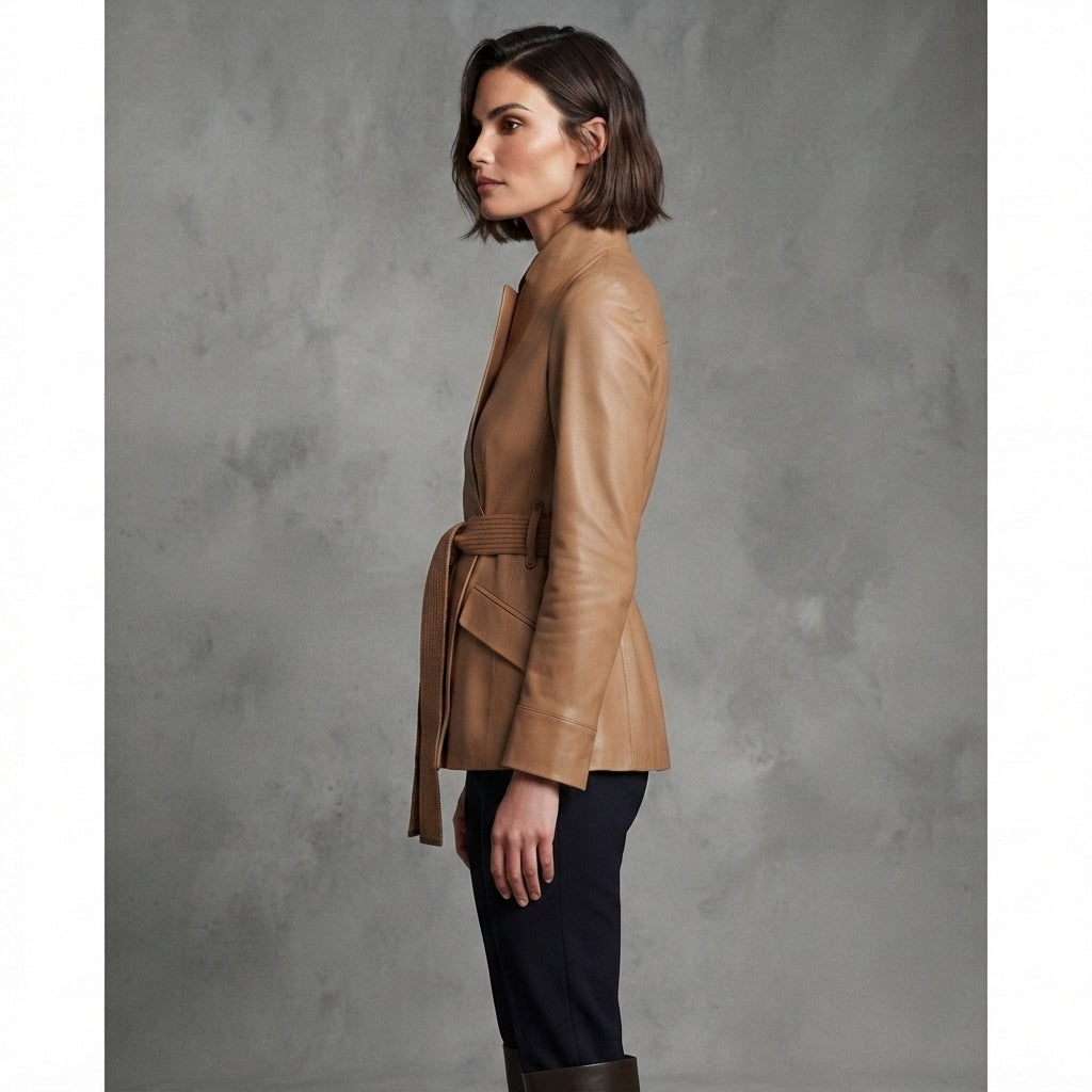 Women's Belted Camel Leather Blazer