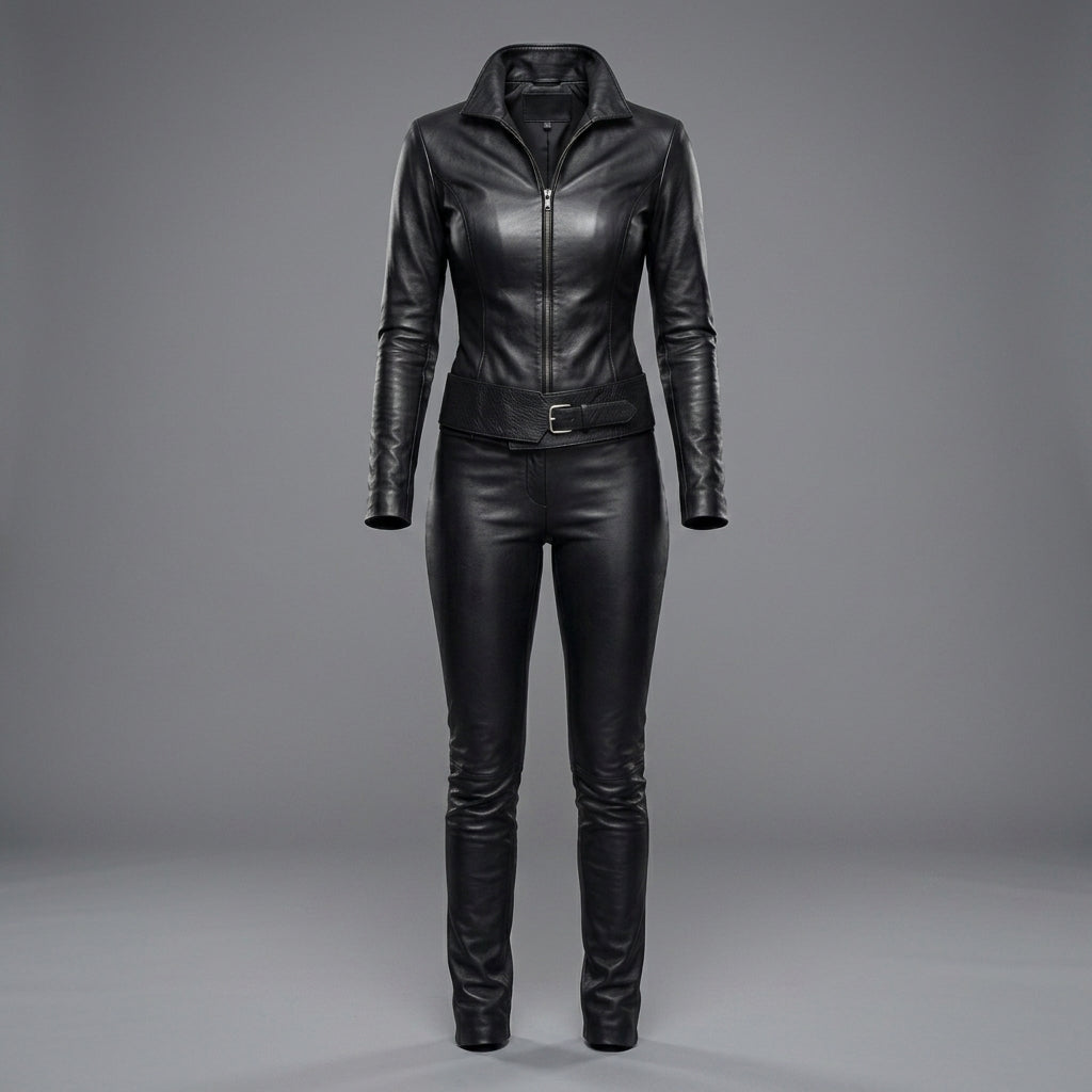 Women's Belted Leather Moto Suit