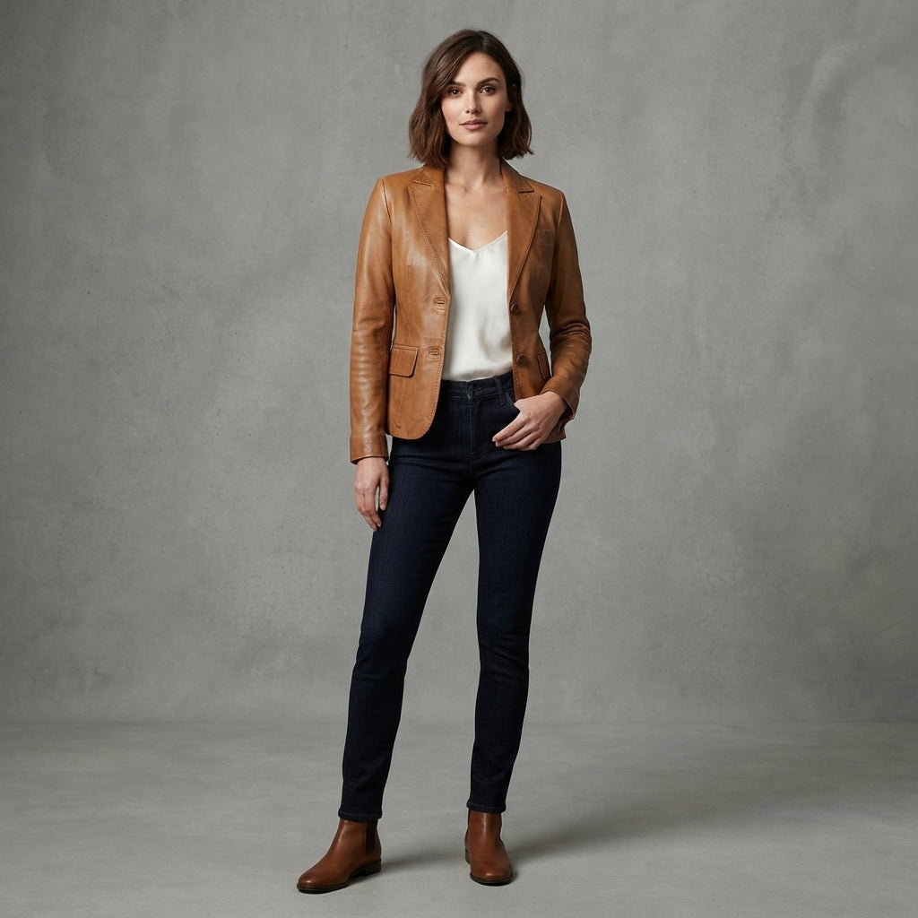 Women's Classic Caramel Leather Blazer