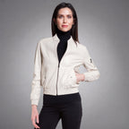 Women's Cream Leather Bomber Jacket