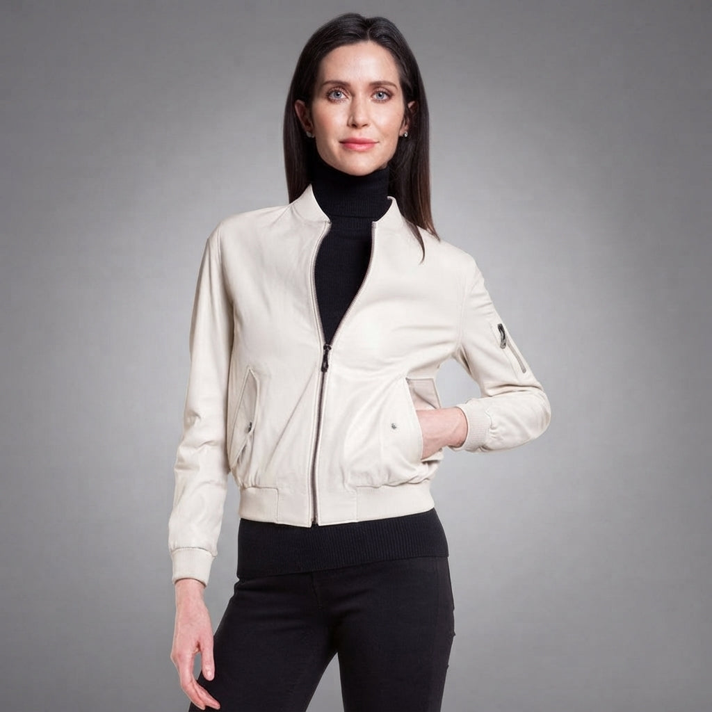Women's Cream Leather Bomber Jacket