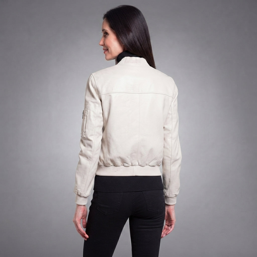 Women's Cream Leather Bomber Jacket