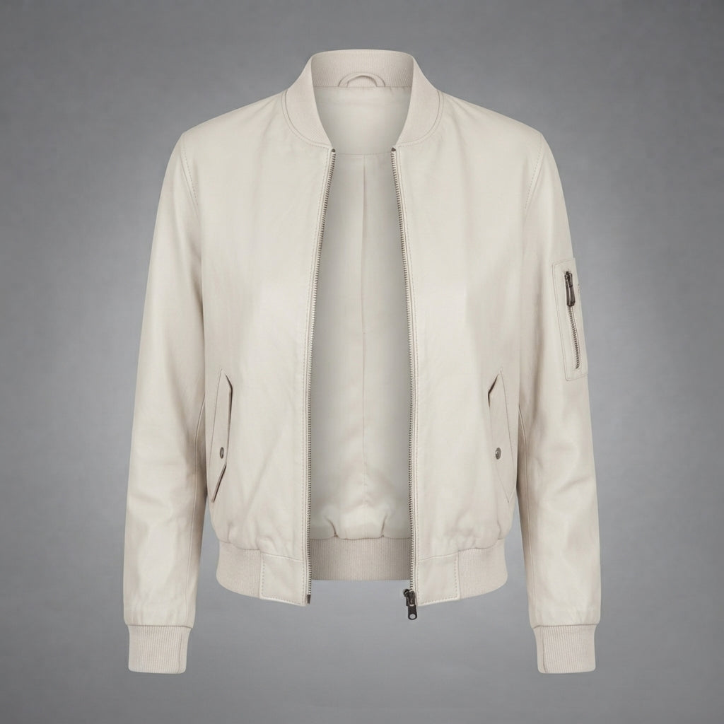 Women's Cream Leather Bomber Jacket