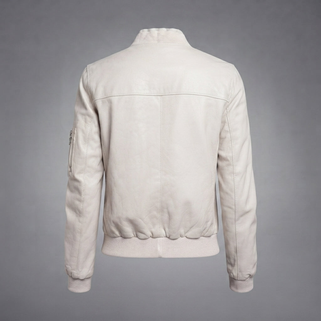 Women's Cream Leather Bomber Jacket
