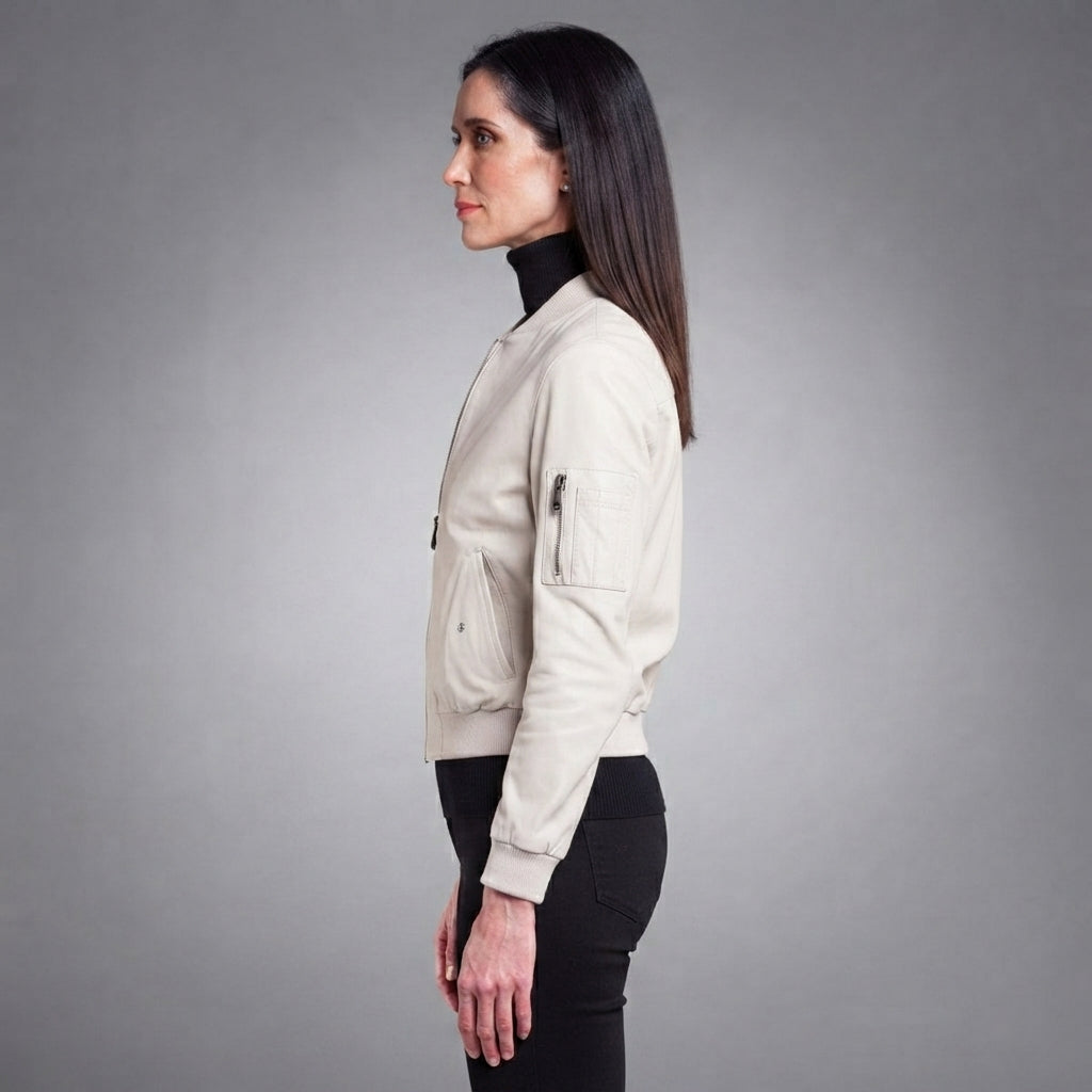 Women's Cream Leather Bomber Jacket