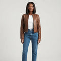 Women's Distressed Collarless Leather Jacket