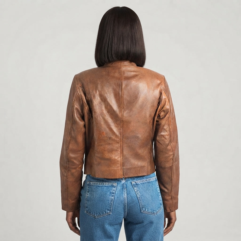 Women's Distressed Collarless Leather Jacket