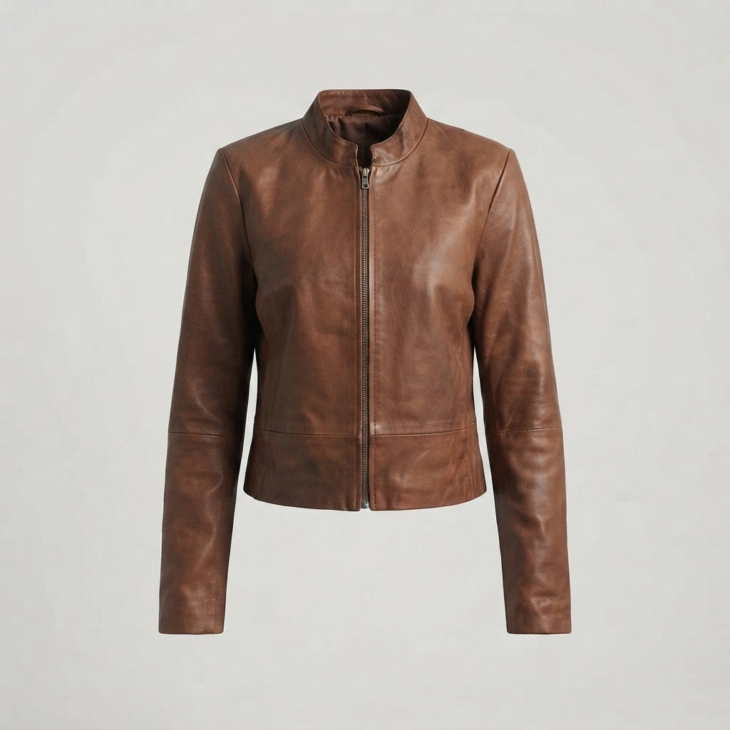 Women's Distressed Collarless Leather Jacket