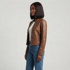 Women's Distressed Collarless Leather Jacket
