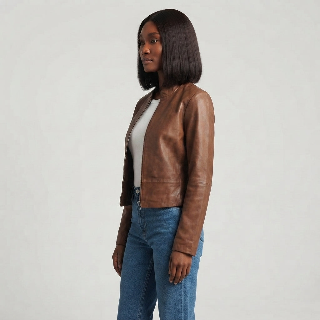 Women's Distressed Collarless Leather Jacket