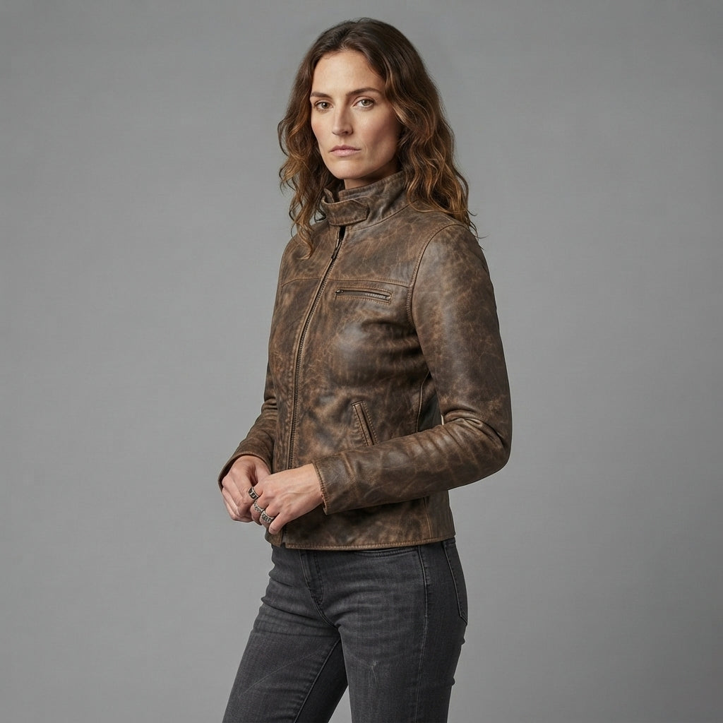 Women's Distressed Leather Café Racer Jacket
