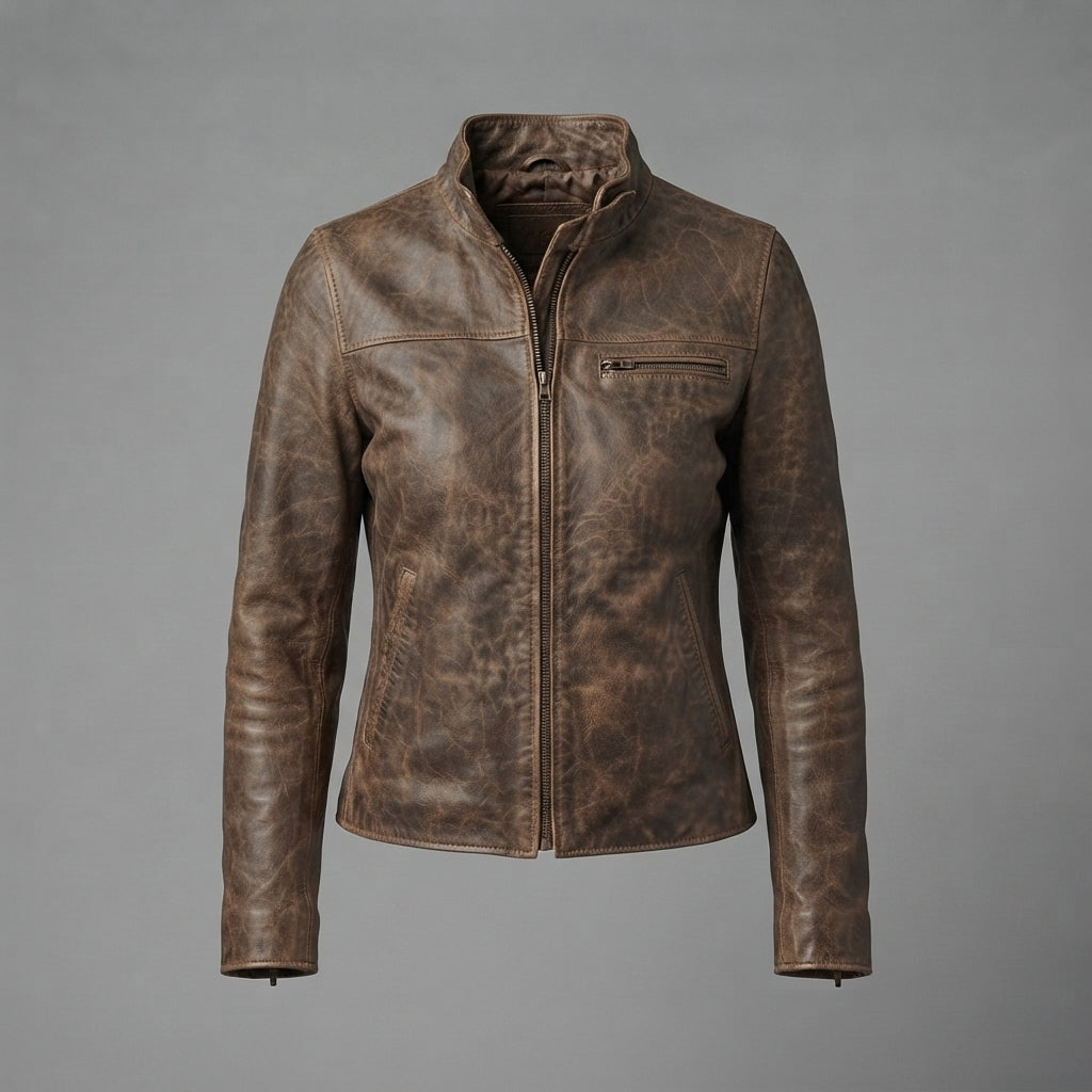 Women's Distressed Leather Café Racer Jacket