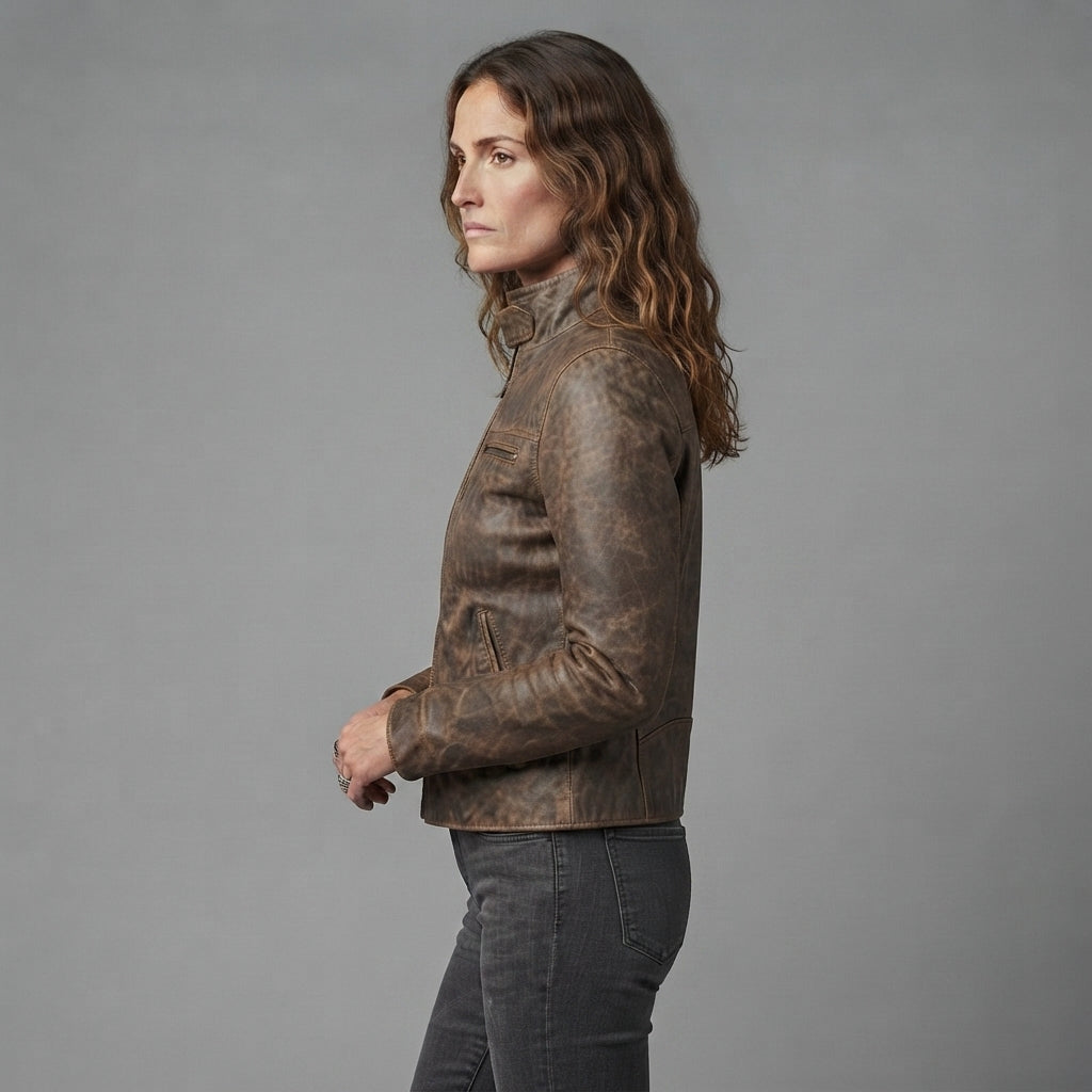 Women's Distressed Leather Café Racer Jacket