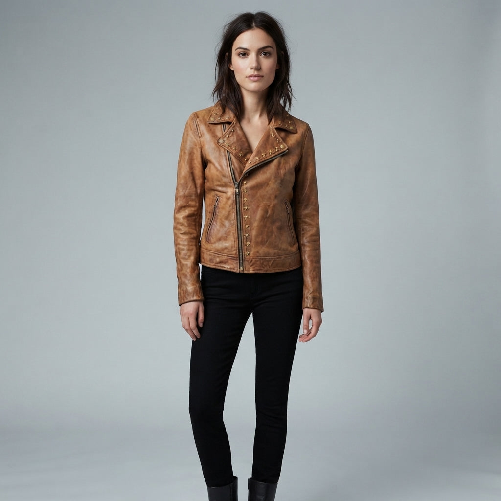 Women's Distressed Camel Leather Jacket