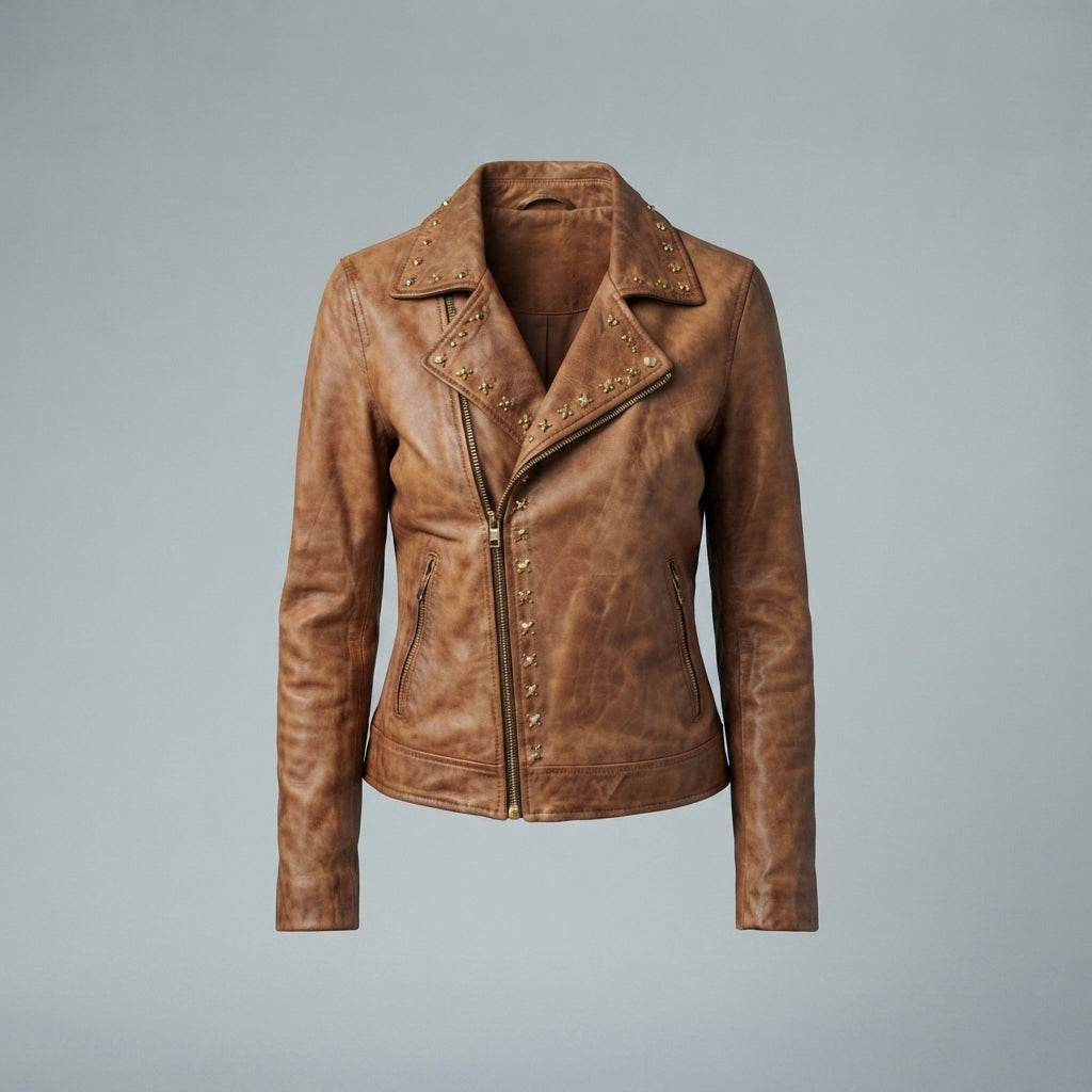 Women's Distressed Camel Leather Jacket