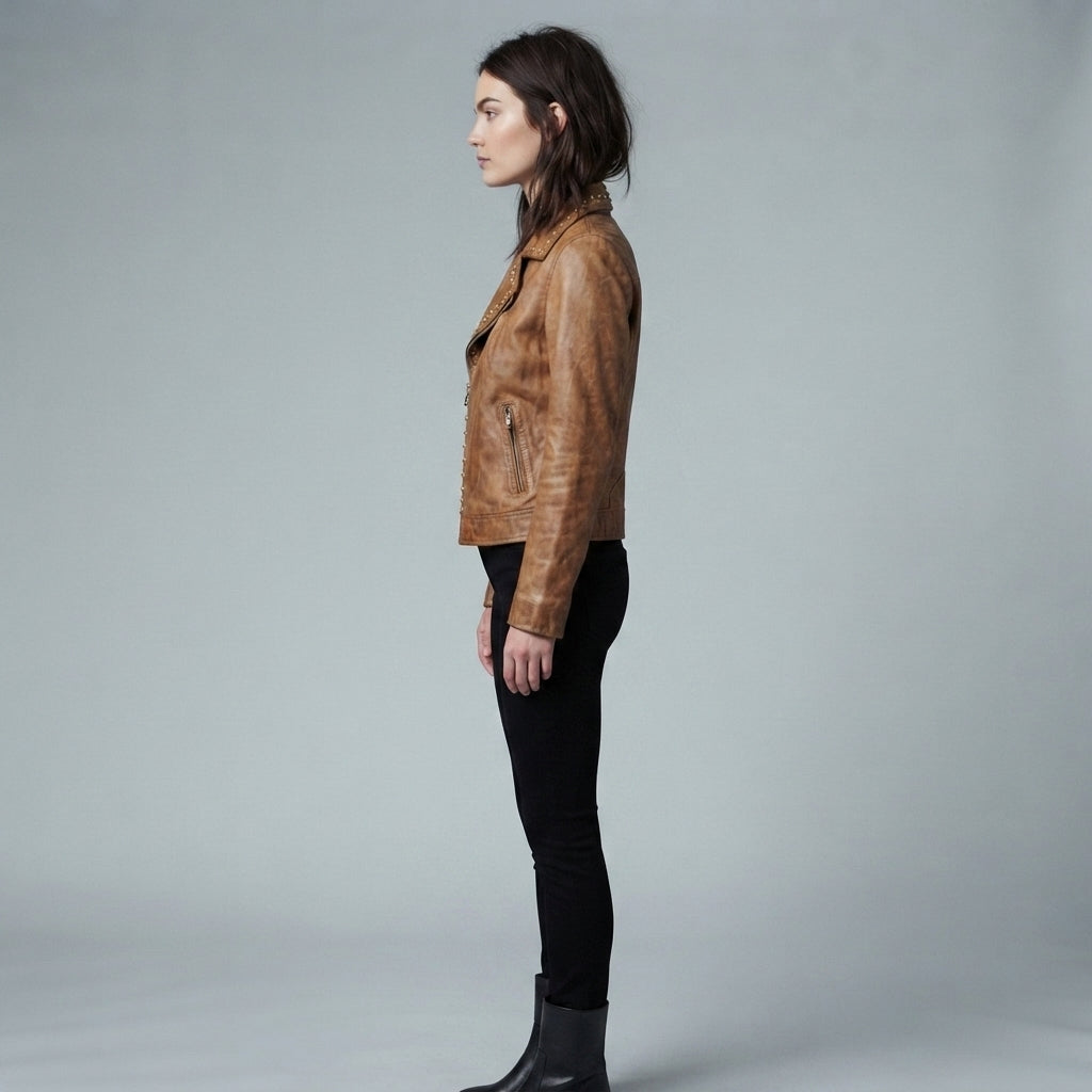 Women's Distressed Camel Leather Jacket