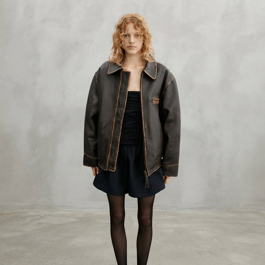 Women's Classic Distressed Leather Aviator Jacket