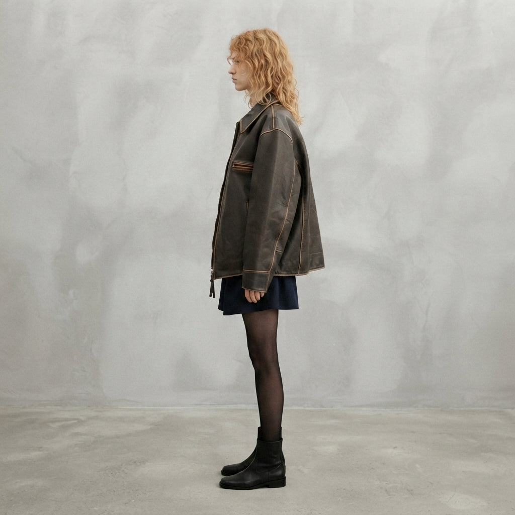 Women's Classic Distressed Leather Aviator Jacket