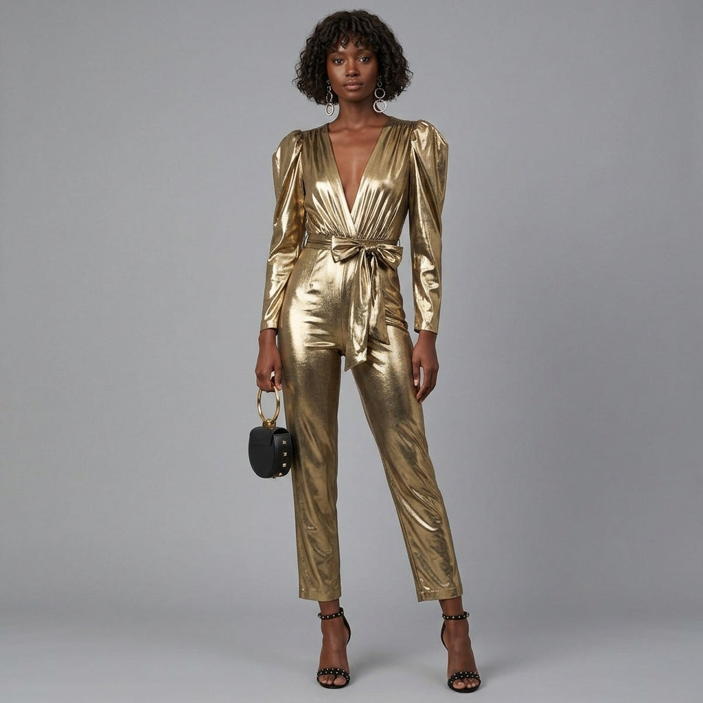 Gilded Tie-Waist Leather Jumpsuit