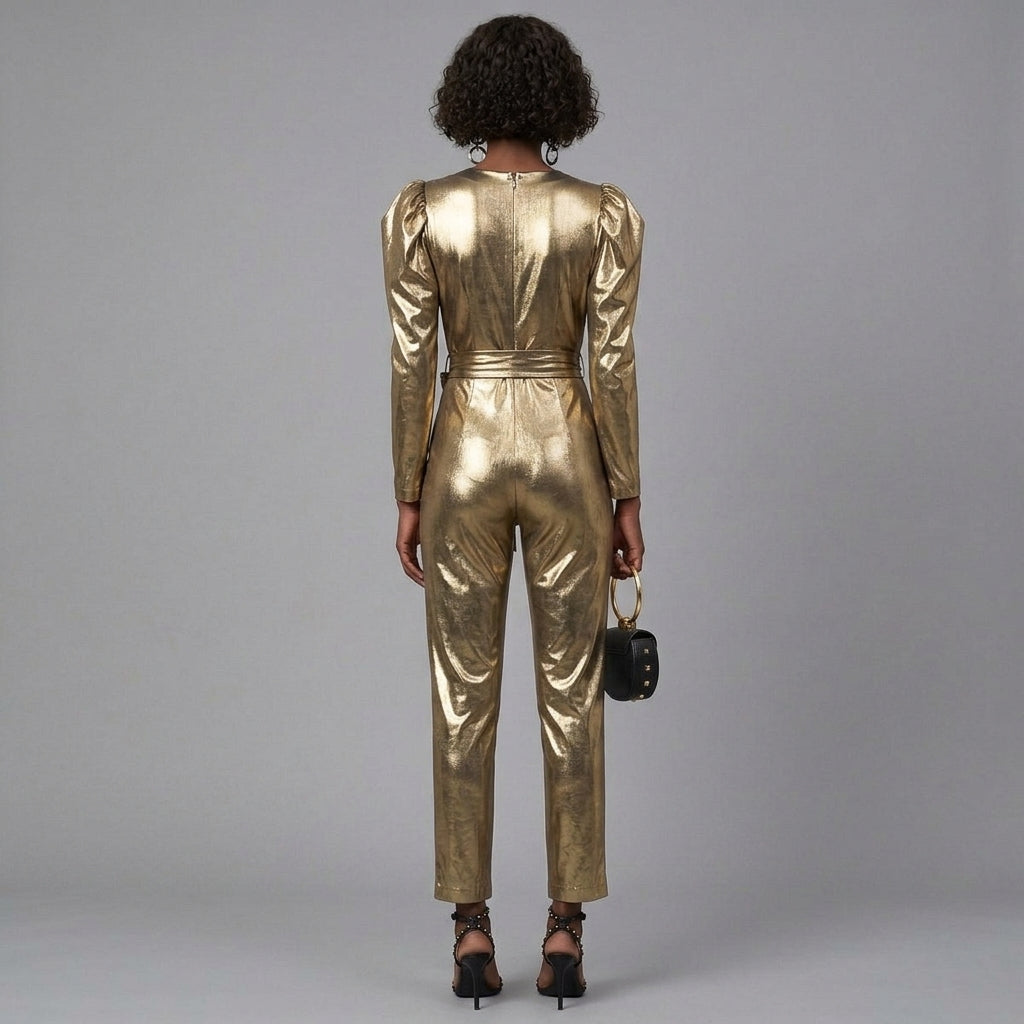 Gilded Tie-Waist Leather Jumpsuit