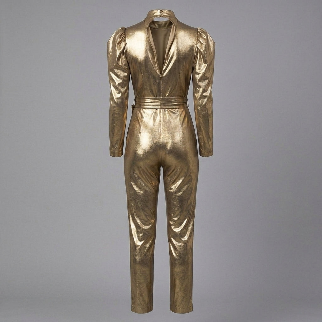 Gilded Tie-Waist Leather Jumpsuit