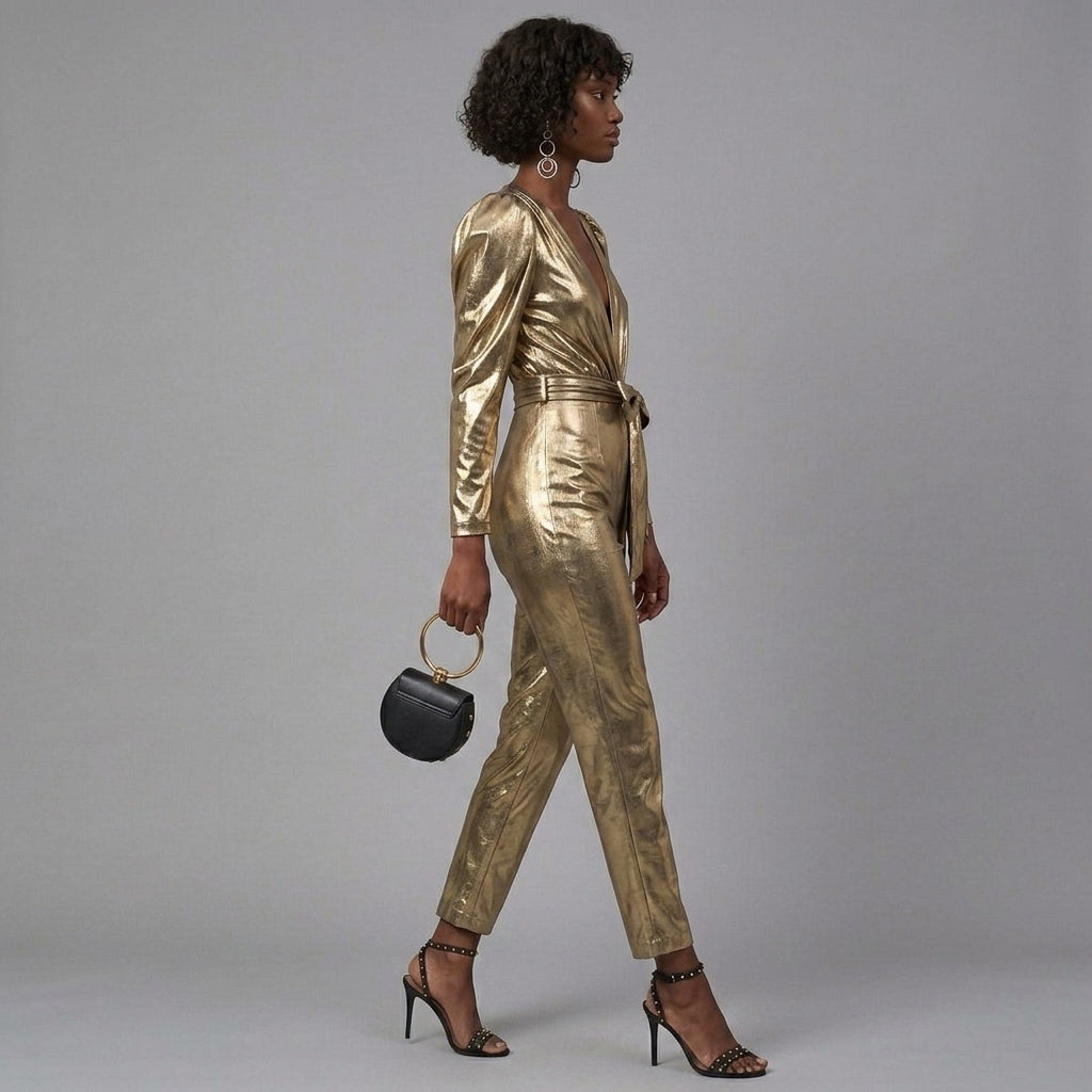 Gilded Tie-Waist Leather Jumpsuit