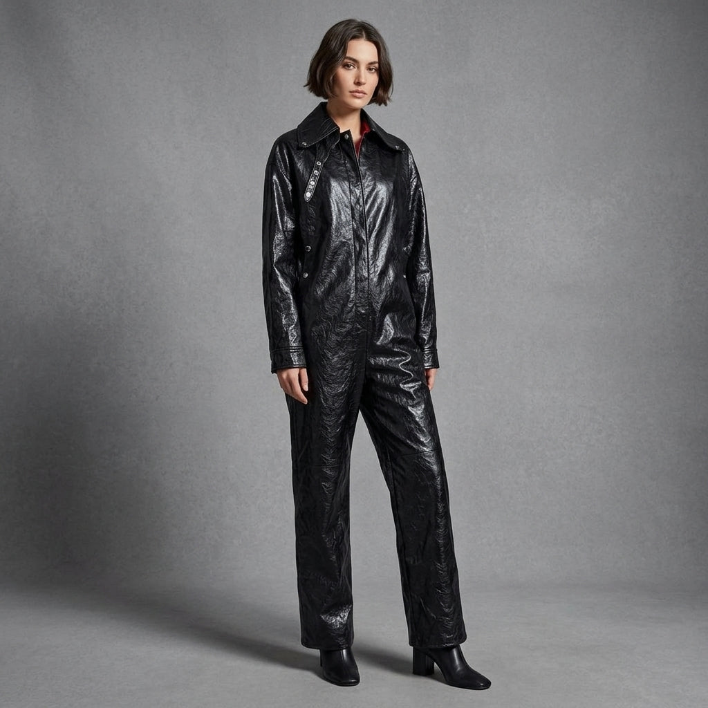 Glossy Black Long-Sleeve Leather Jumpsuit