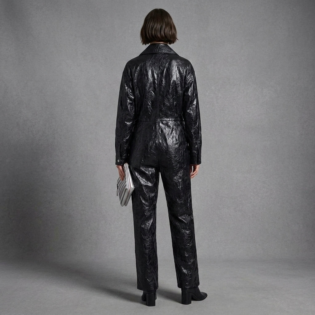Glossy Black Long-Sleeve Leather Jumpsuit