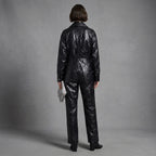 Glossy Black Long-Sleeve Leather Jumpsuit