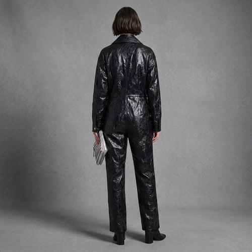 Glossy Black Long-Sleeve Leather Jumpsuit