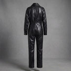 Glossy Black Long-Sleeve Leather Jumpsuit