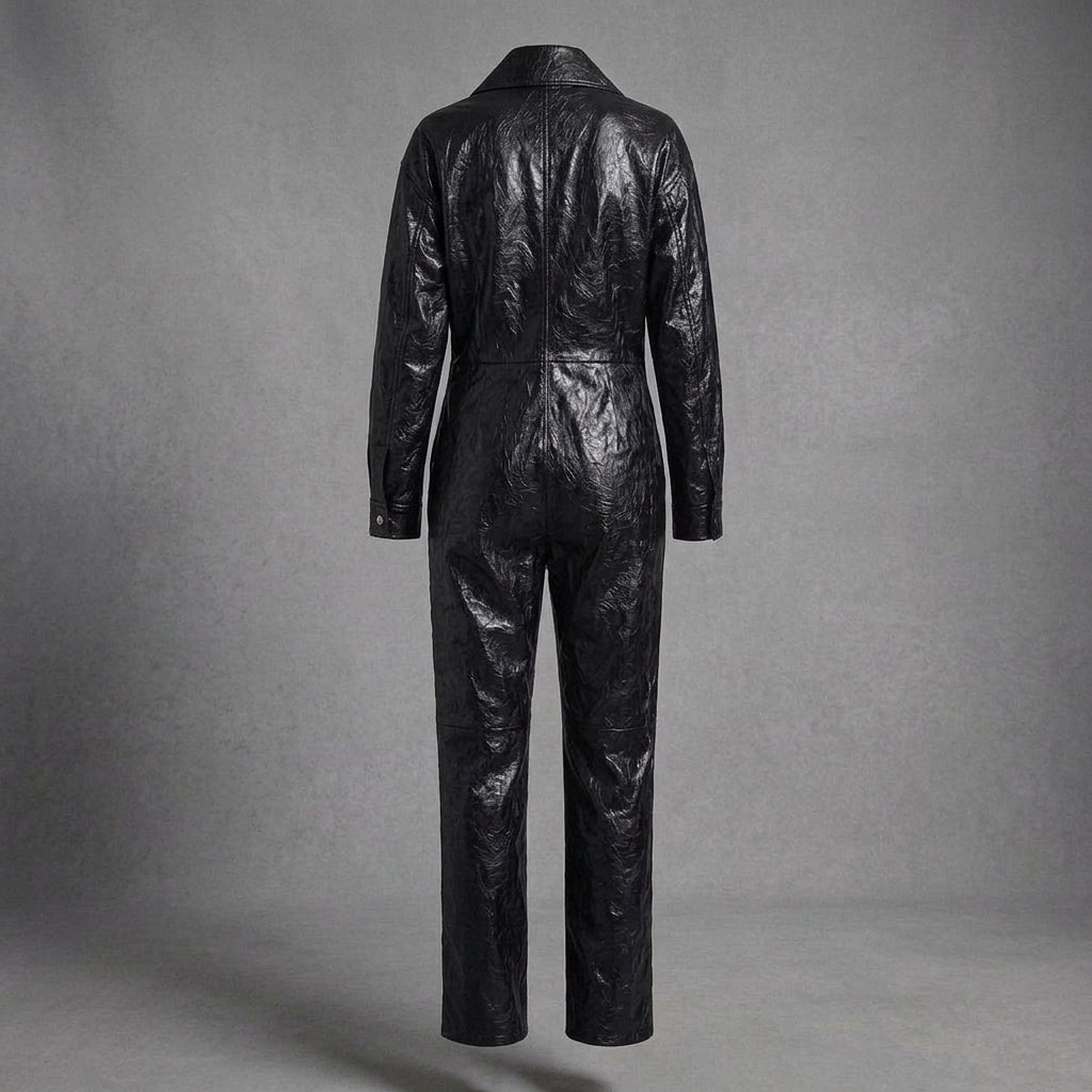 Glossy Black Long-Sleeve Leather Jumpsuit