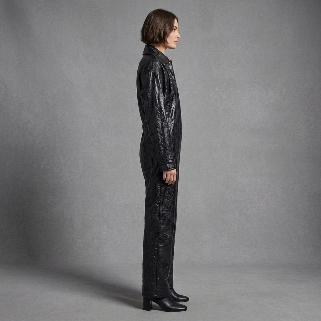 Glossy Black Long-Sleeve Leather Jumpsuit