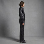 Glossy Black Long-Sleeve Leather Jumpsuit