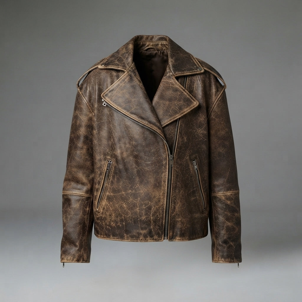 Women's Heavy Distressed Leather Biker Jacket with Side Zips