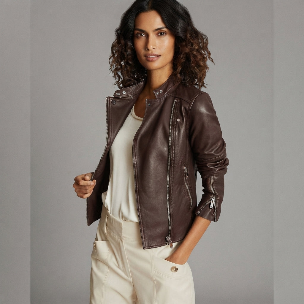 Women's Heritage Brown Waxed Leather Biker Jacket