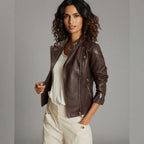 Women's Heritage Brown Waxed Leather Biker Jacket