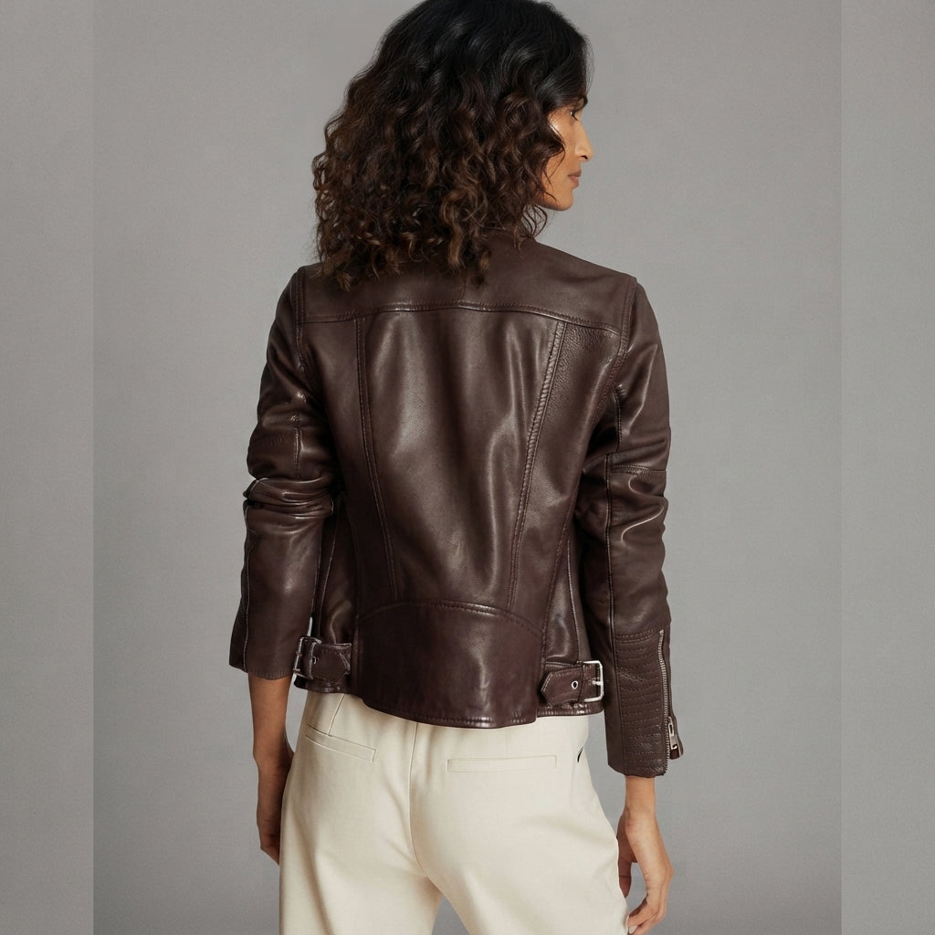 Women's Heritage Brown Waxed Leather Biker Jacket
