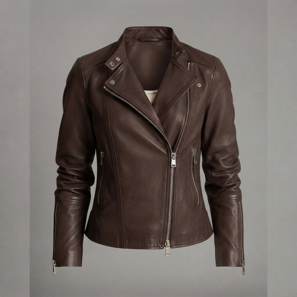 Women's Heritage Brown Waxed Leather Biker Jacket