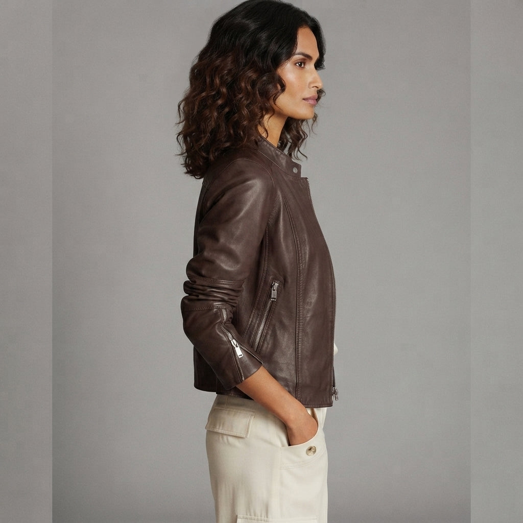 Women's Heritage Brown Waxed Leather Biker Jacket