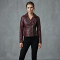 Women's Maroon Distressed Leather Jacket