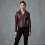 Women's Maroon Distressed Leather Jacket