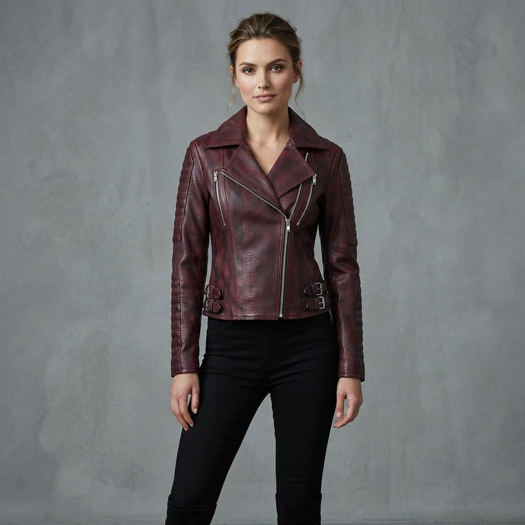 Women's Maroon Distressed Leather Jacket