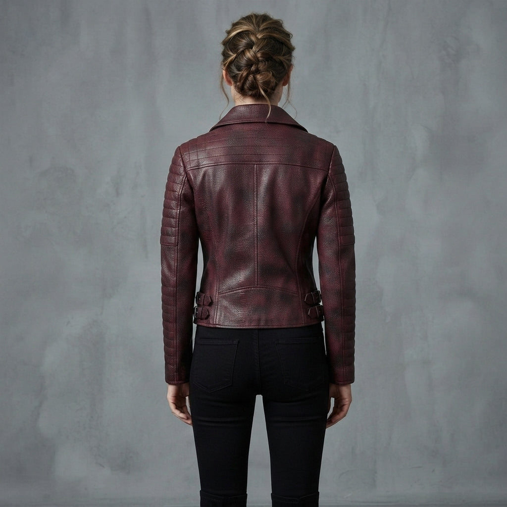 Women's Maroon Distressed Leather Jacket