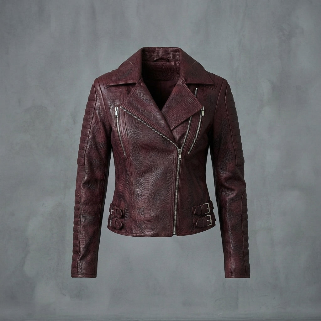 Women's Maroon Distressed Leather Jacket